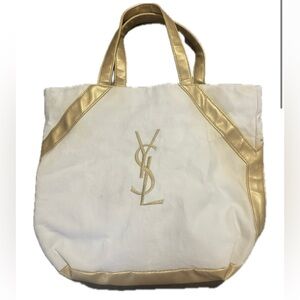 YSL Yves Saint Laurent Vintage White & Gold Canvas Tote Bag